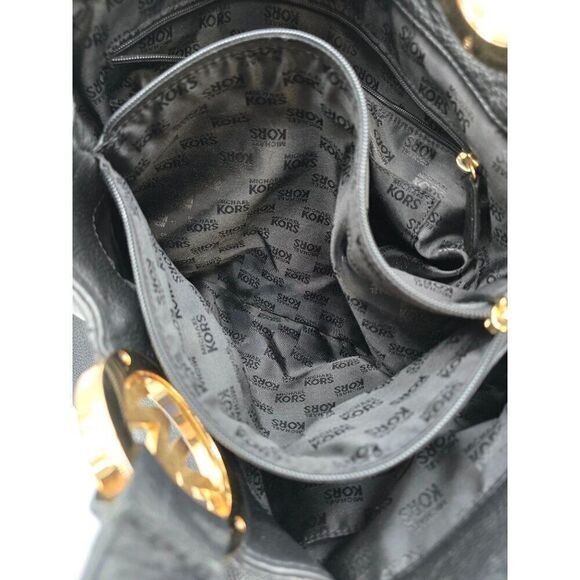 Michael Kors Black Leather Tote Bag With Gold MK Logo & Multiple Pockets - Picture 6 of 11